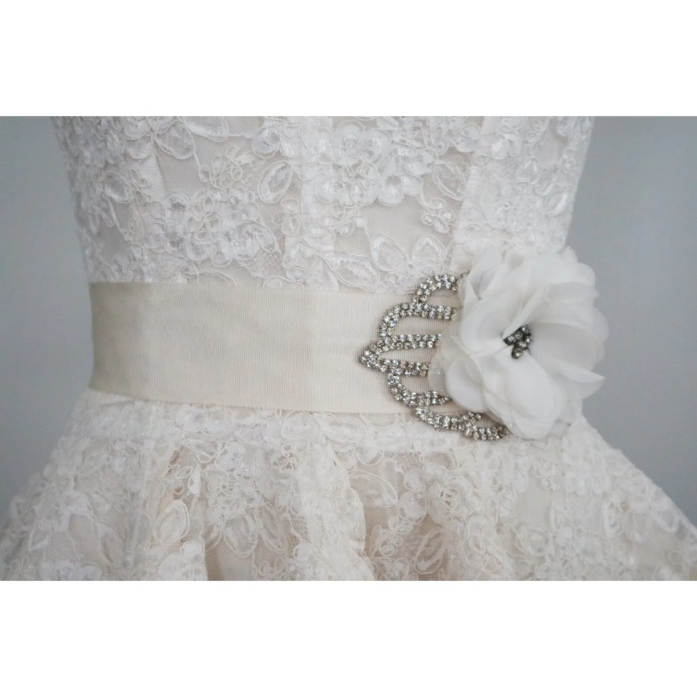Rhinestone & Flower on Grosgrain Ribbon Ivory Bridal Sash Wedding Belt